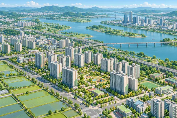 전남광주통합특별시 광산구의 분위기를 담은 일러스트: 가로수 길과 놀이터가 있는 아파트 단지