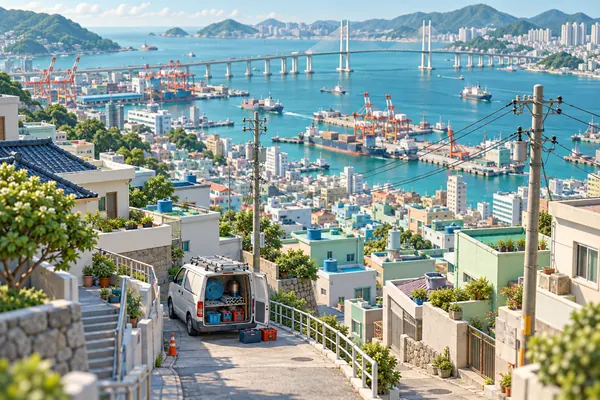 부산광역시 영도구의 분위기를 담은 일러스트: 낮은 주택과 전신주가 늘어선 조용한 주택가 골목