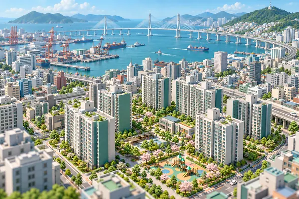 부산광역시 부산진구의 분위기를 담은 일러스트: 가로수 길과 놀이터가 있는 아파트 단지