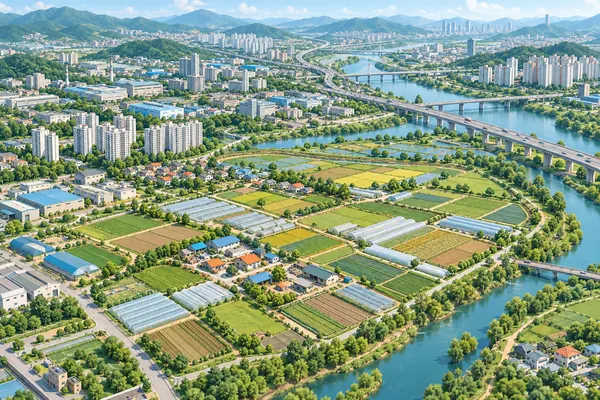 경기도 광명시의 분위기를 담은 일러스트: 비닐하우스와 작은 마을이 있는 논밭