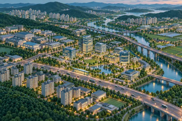 경기도 용인시의 분위기를 담은 일러스트: 유리 사무실과 공원이 있는 신도시