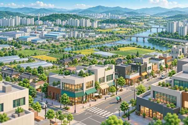 경기도 안성시의 분위기를 담은 일러스트: 중심 상가 거리와 배달 오토바이