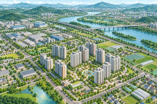 경기도 광주시의 분위기를 담은 일러스트: 가로수 길과 놀이터가 있는 아파트 단지