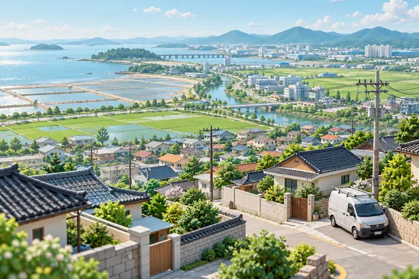 충청남도 아산시의 분위기를 담은 일러스트: 낮은 주택과 전신주가 늘어선 조용한 주택가 골목