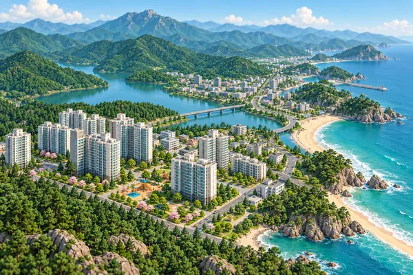 강원특별자치도 삼척시의 분위기를 담은 일러스트: 가로수 길과 놀이터가 있는 아파트 단지
